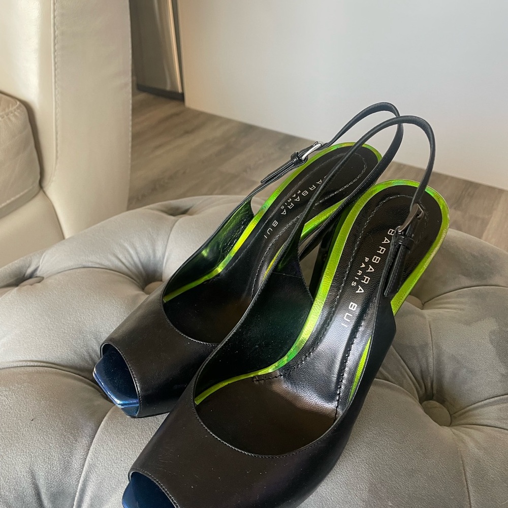 Barbara bui black peep toes w green heel and blue accent size 40